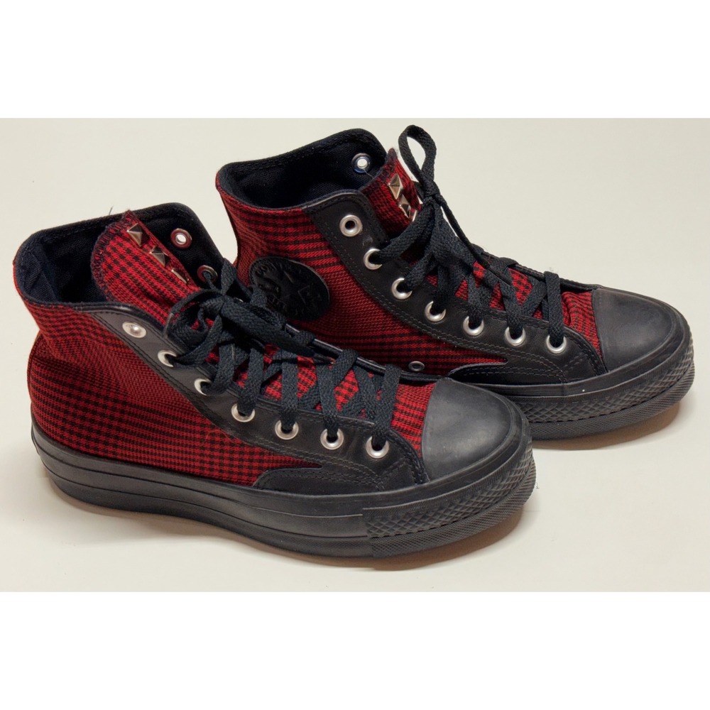 Converse Chuck Taylor All Star Lift Hi Red Black Houndstooth Studded 7.5W